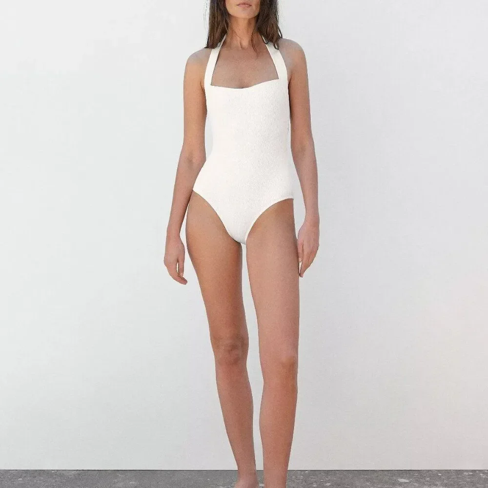 Massimo Dutti Women Swimsuit XS White Halter One Piece Open back 5123/555 NWT - Picture 1 of 16